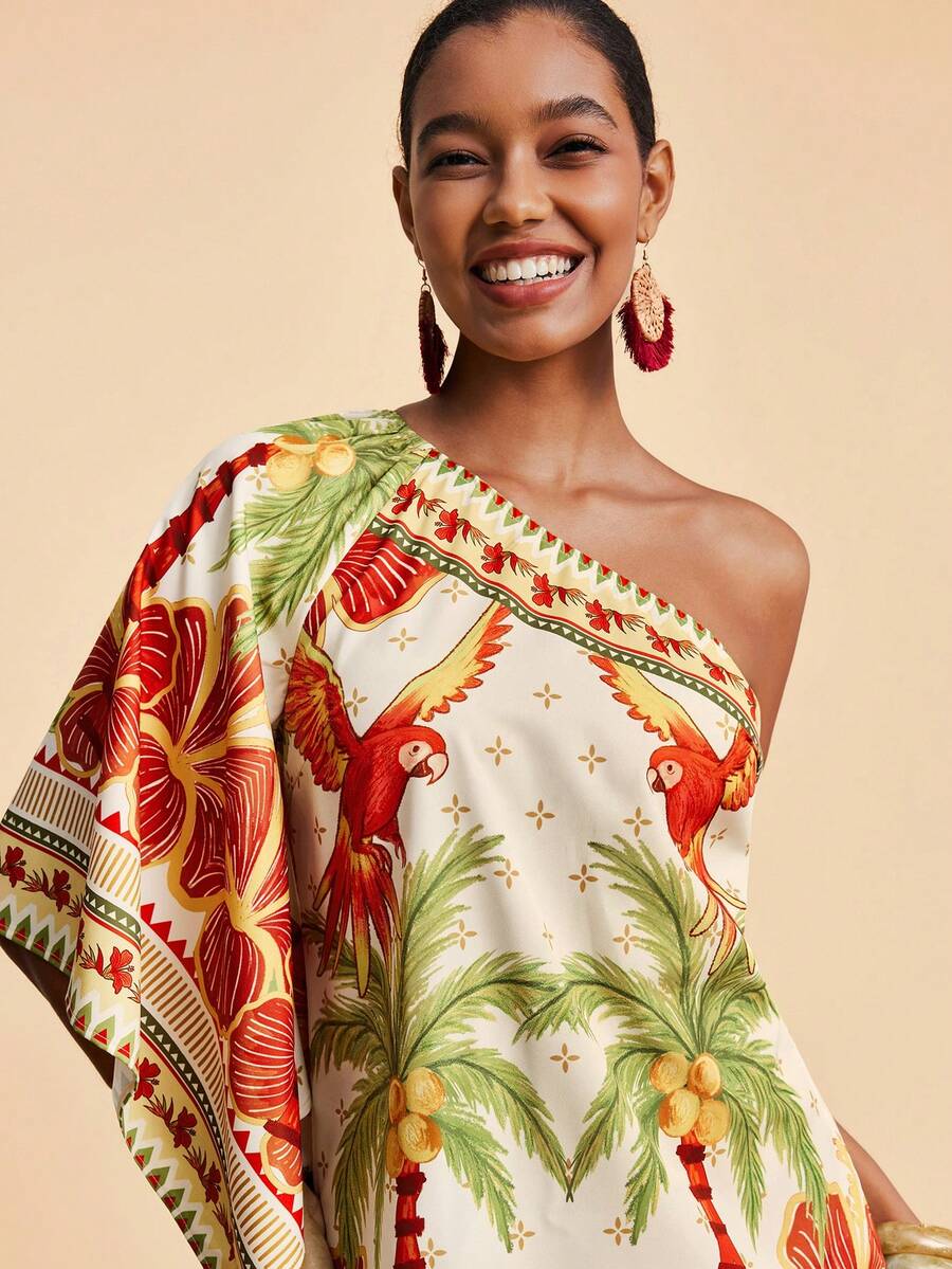 Travachic Vestido Curto Assimétrico de Mulher com Estampa Tropical