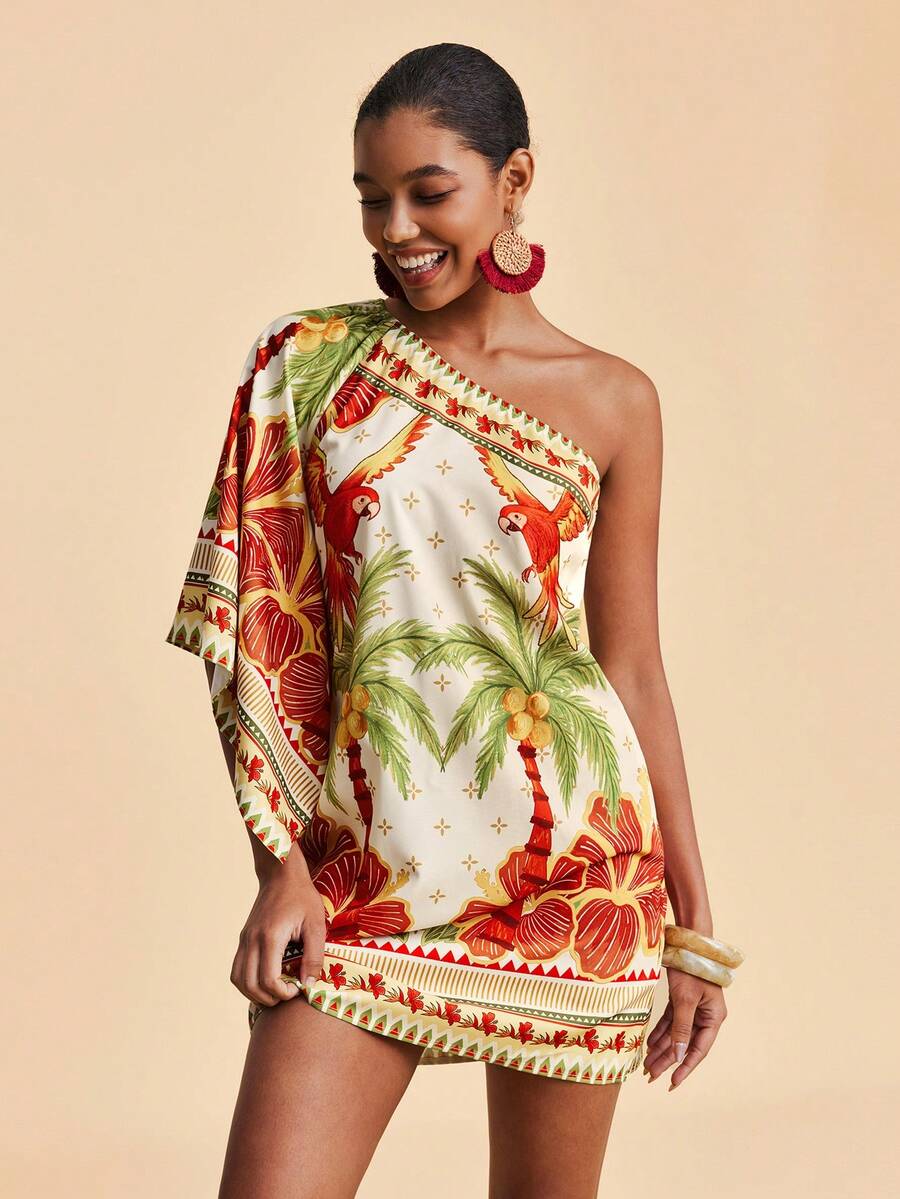 Travachic Vestido Curto Assimétrico de Mulher com Estampa Tropical