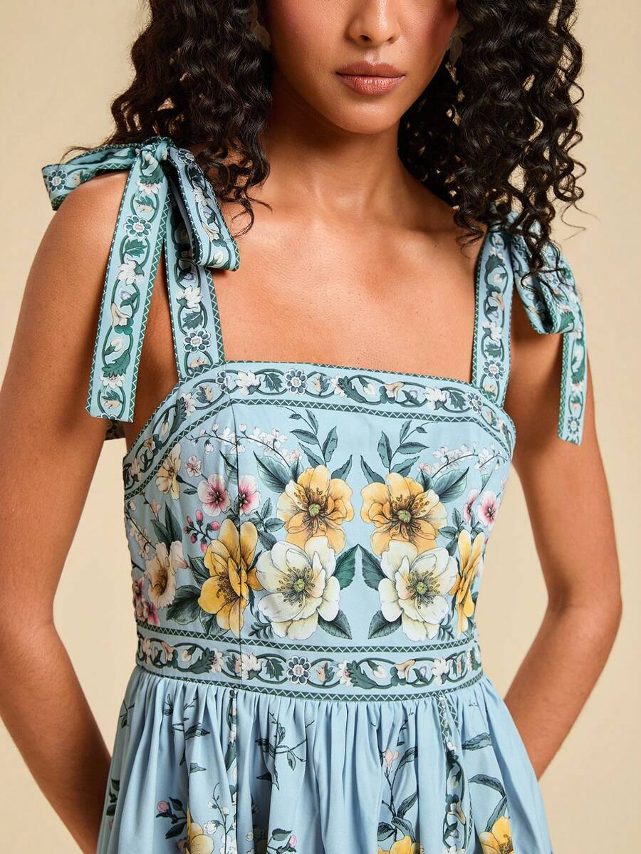 Travachic Vestido de Verão com Estampa Floral, Decote Quadrado, Sem Mangas, Cintura Marcada e Amarração na Frente, para Férias, Looks de Praia e Verão para Mulheres