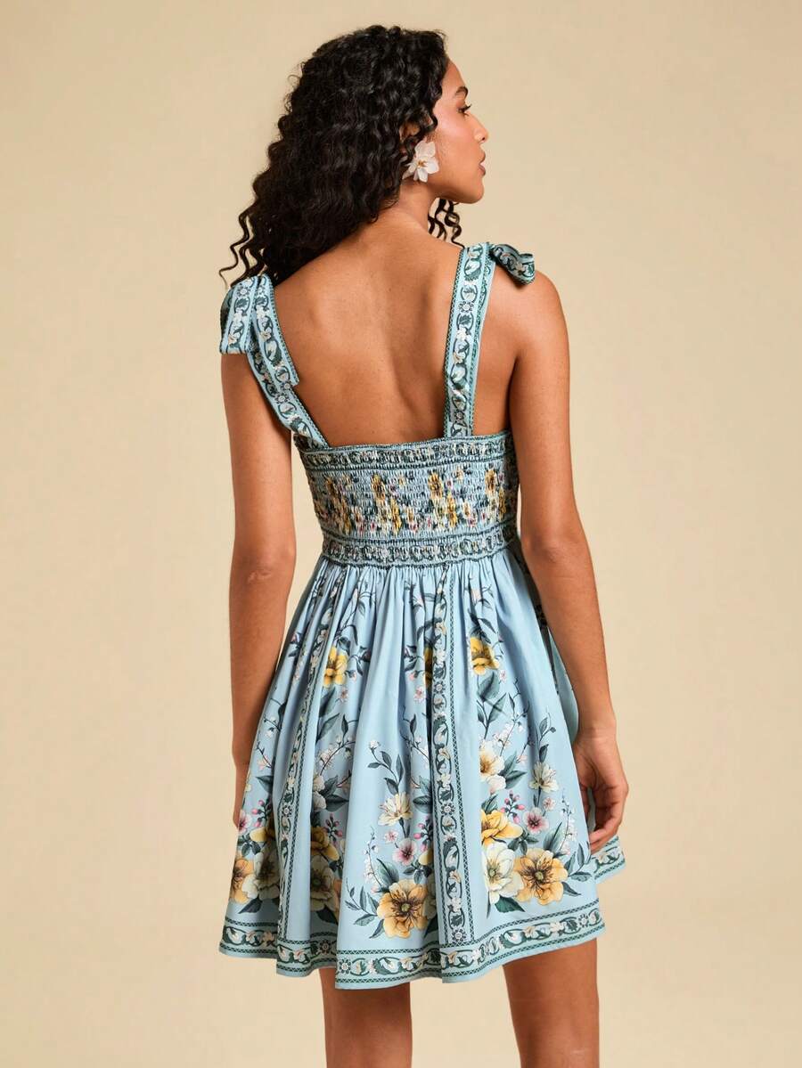 Travachic Vestido de Verão com Estampa Floral, Decote Quadrado, Sem Mangas, Cintura Marcada e Amarração na Frente, para Férias, Looks de Praia e Verão para Mulheres