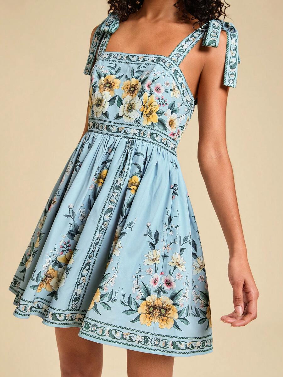 Travachic Vestido de Verão com Estampa Floral, Decote Quadrado, Sem Mangas, Cintura Marcada e Amarração na Frente, para Férias, Looks de Praia e Verão para Mulheres