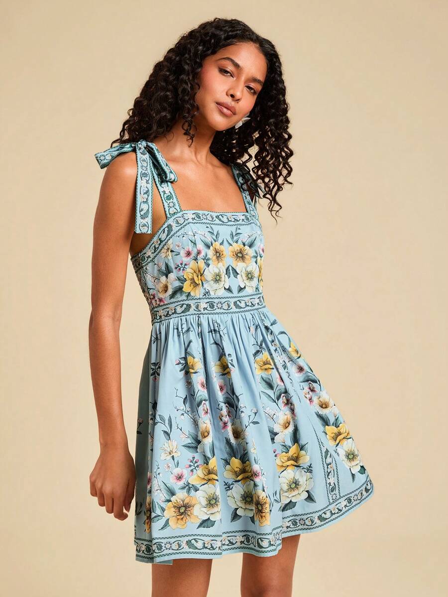 Travachic Vestido de Verão com Estampa Floral, Decote Quadrado, Sem Mangas, Cintura Marcada e Amarração na Frente, para Férias, Looks de Praia e Verão para Mulheres