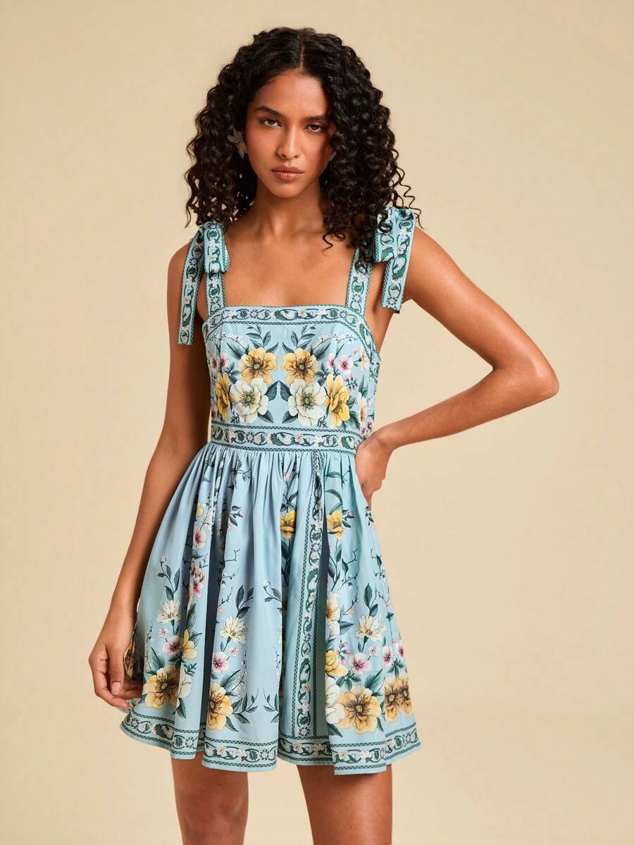 Travachic Vestido de Verão com Estampa Floral, Decote Quadrado, Sem Mangas, Cintura Marcada e Amarração na Frente, para Férias, Looks de Praia e Verão para Mulheres