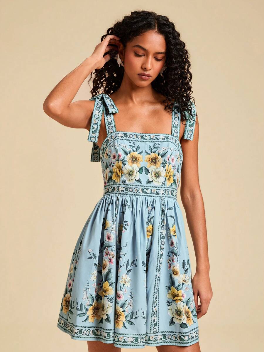 Travachic Vestido de Verão com Estampa Floral, Decote Quadrado, Sem Mangas, Cintura Marcada e Amarração na Frente, para Férias, Looks de Praia e Verão para Mulheres