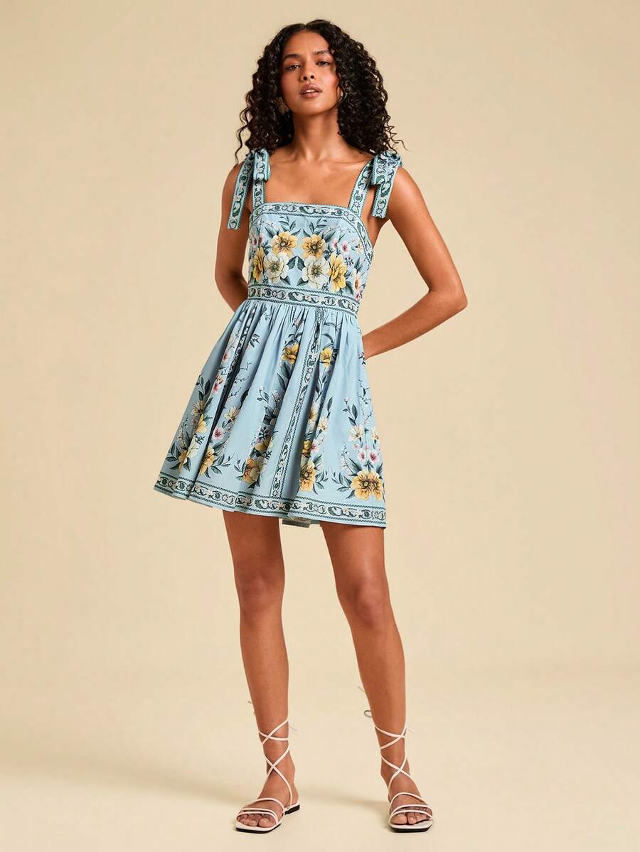 Travachic Vestido de Verão com Estampa Floral, Decote Quadrado, Sem Mangas, Cintura Marcada e Amarração na Frente, para Férias, Looks de Praia e Verão para Mulheres