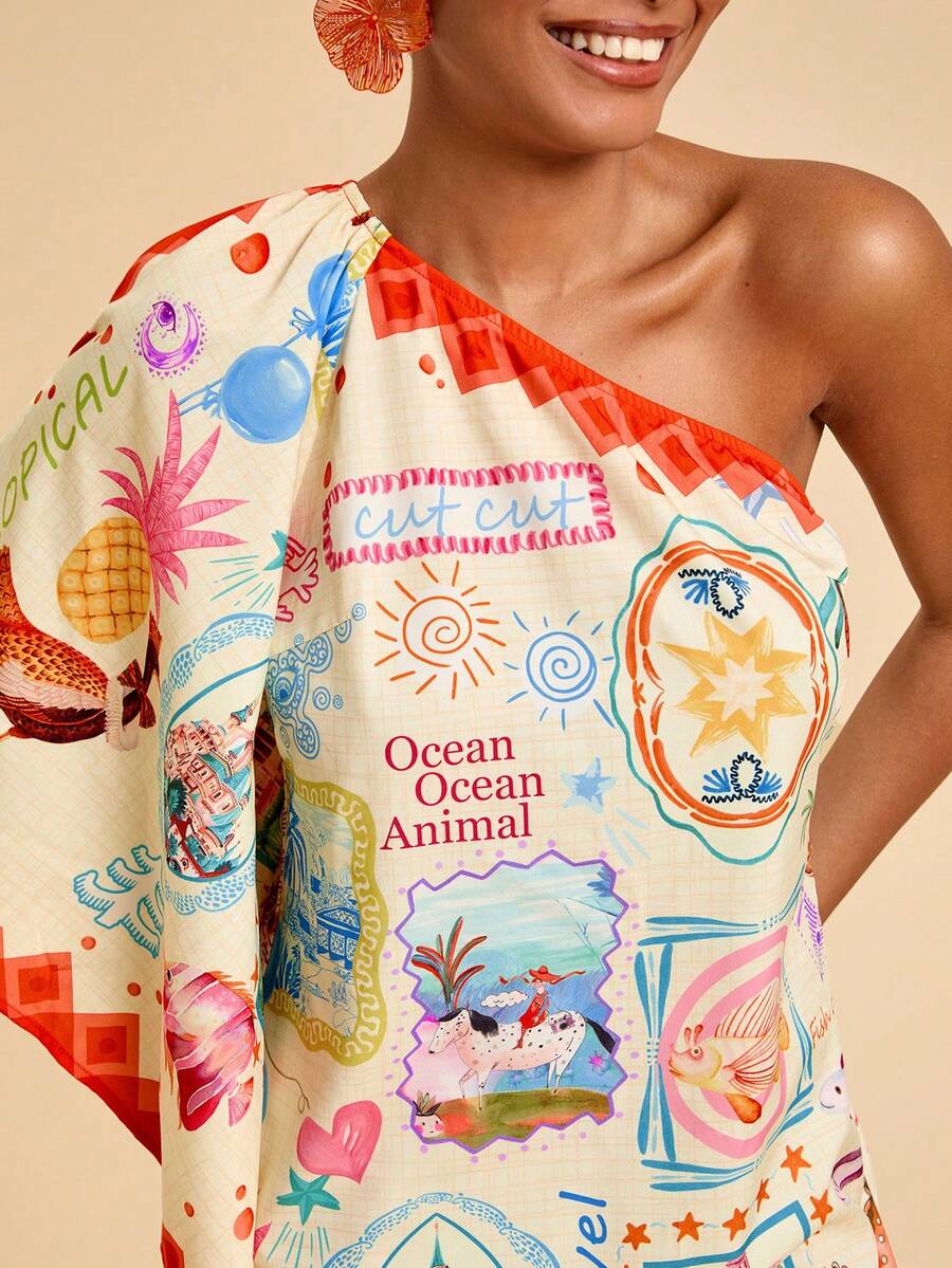 Travachic Vestido Curto Assimétrico de Mulher com Estampa Tropical