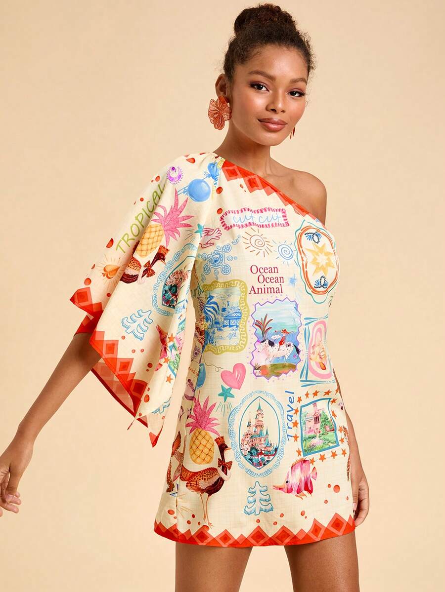 Travachic Vestido Curto Assimétrico de Mulher com Estampa Tropical