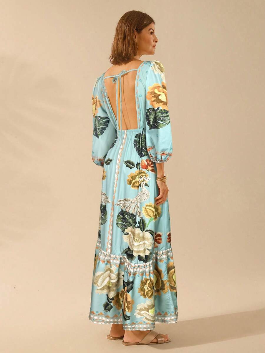 CAJUNI Vestido de Férias Feminino Boêmio com Estampa Floral, Gola em V, Manga Longa, Costas Vazadas, Cintura A-line