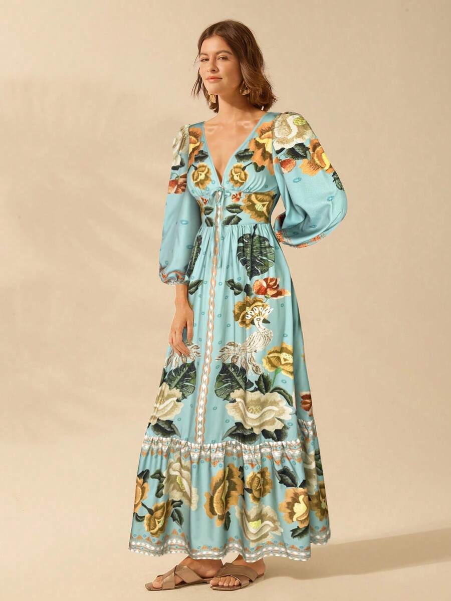 CAJUNI Vestido de Férias Feminino Boêmio com Estampa Floral, Gola em V, Manga Longa, Costas Vazadas, Cintura A-line