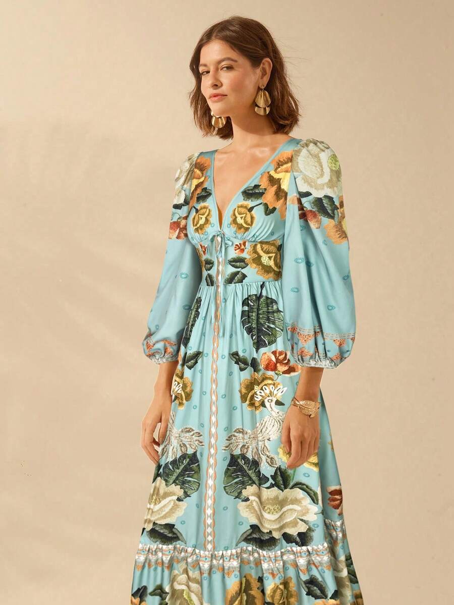 CAJUNI Vestido de Férias Feminino Boêmio com Estampa Floral, Gola em V, Manga Longa, Costas Vazadas, Cintura A-line