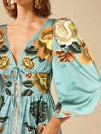 CAJUNI Vestido de Férias Feminino Boêmio com Estampa Floral, Gola em V, Manga Longa, Costas Vazadas, Cintura A-line