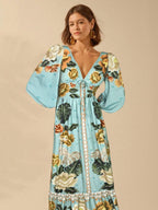 CAJUNI Vestido de Férias Feminino Boêmio com Estampa Floral, Gola em V, Manga Longa, Costas Vazadas, Cintura A-line