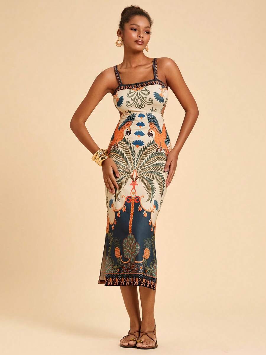 Travachic Vestido Feminino Estampa Floral Costas Abertas Sem Mangas, Estilo de Férias, Looks de Verão para Mulheres, Verão, Looks de Férias para Mulheres, Vestidos de Verão para Mulheres