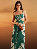 CAJUNI Vestido Estampado Tropical Laranja com Amarração na Cintura, Estilo Boêmio Feminino, Vestido de Praia Casual Solto para o Verão