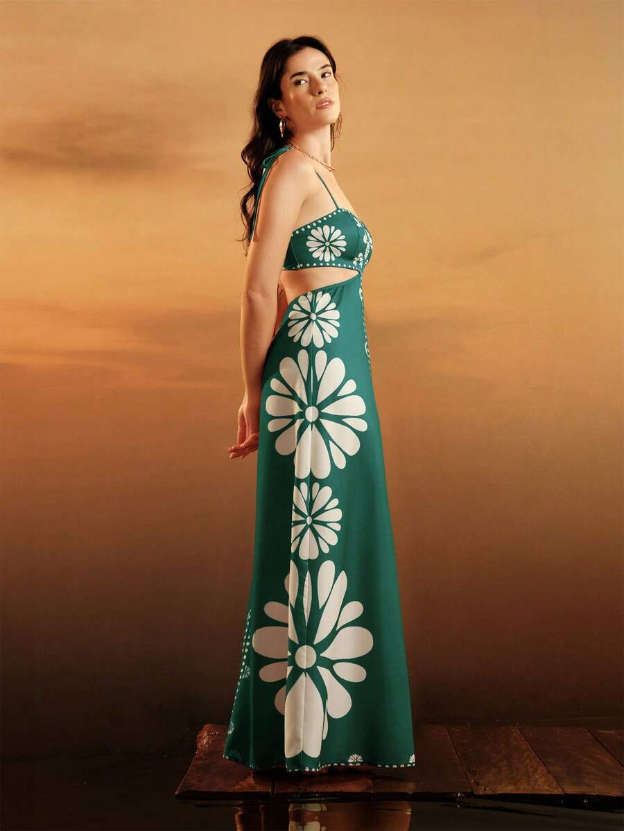 CAJUNI Vestido Estampado Tropical Laranja com Amarração na Cintura, Estilo Boêmio Feminino, Vestido de Praia Casual Solto para o Verão