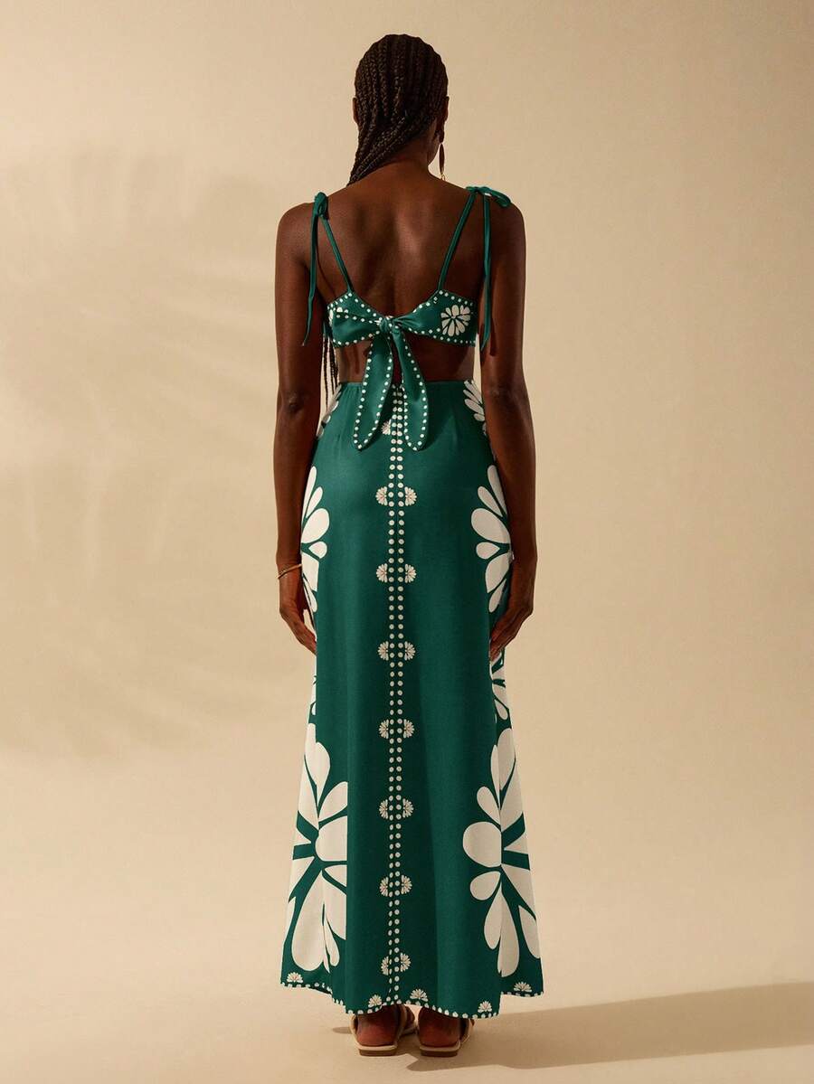 CAJUNI Vestido Estampado Tropical Laranja com Amarração na Cintura, Estilo Boêmio Feminino, Vestido de Praia Casual Solto para o Verão