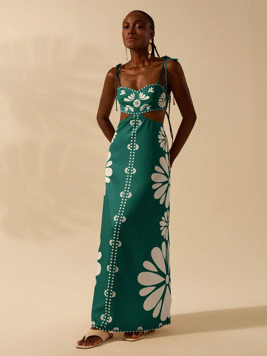 CAJUNI Vestido Estampado Tropical Laranja com Amarração na Cintura, Estilo Boêmio Feminino, Vestido de Praia Casual Solto para o Verão