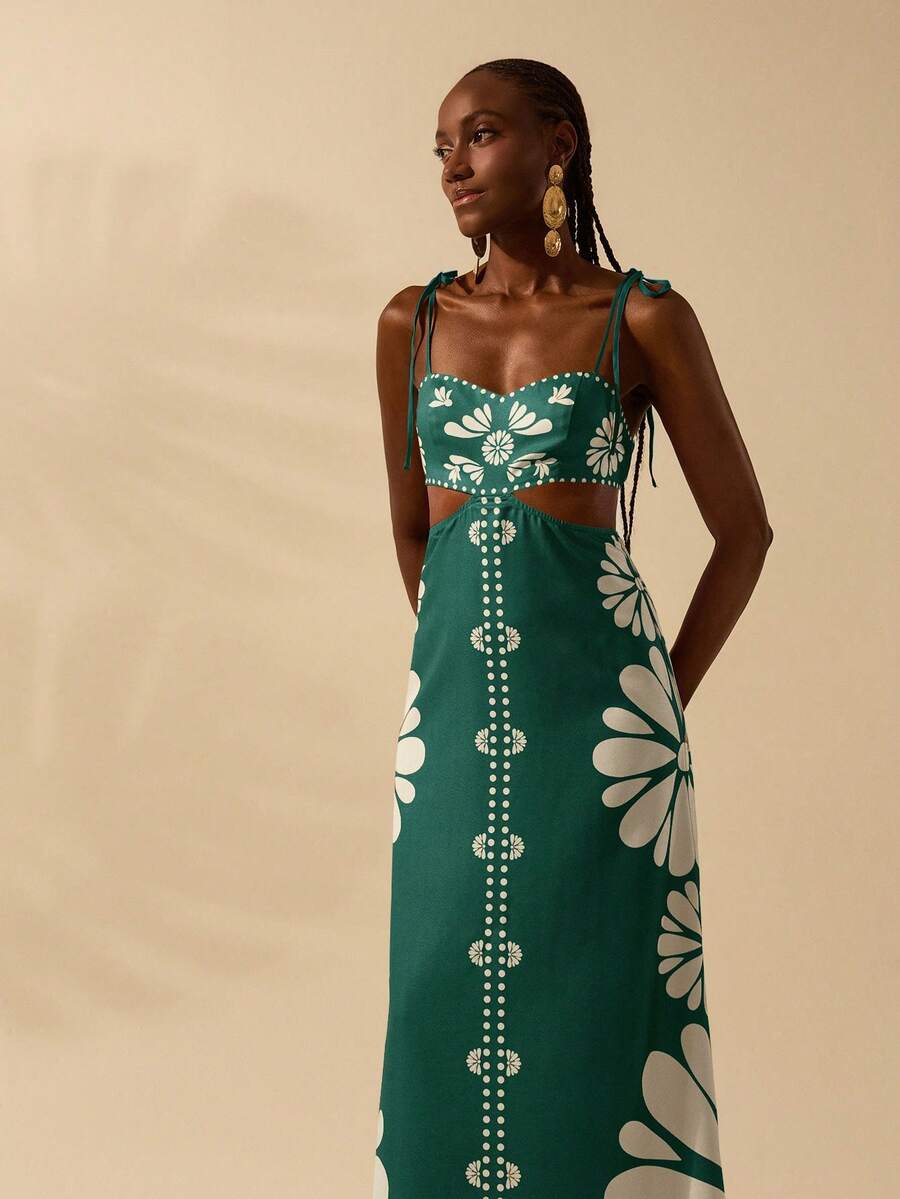 CAJUNI Vestido Estampado Tropical Laranja com Amarração na Cintura, Estilo Boêmio Feminino, Vestido de Praia Casual Solto para o Verão