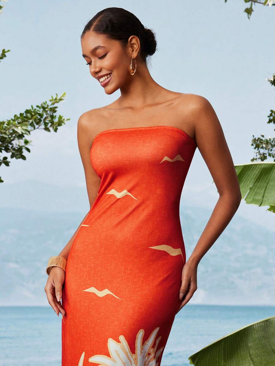 Travachic Vestido Bandeau Multicolorido Impresso para Mulheres, Férias