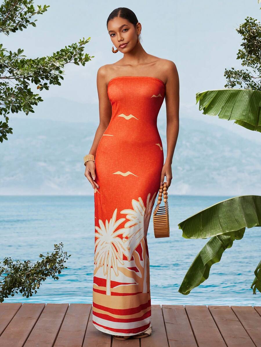 Travachic Vestido Bandeau Multicolorido Impresso para Mulheres, Férias