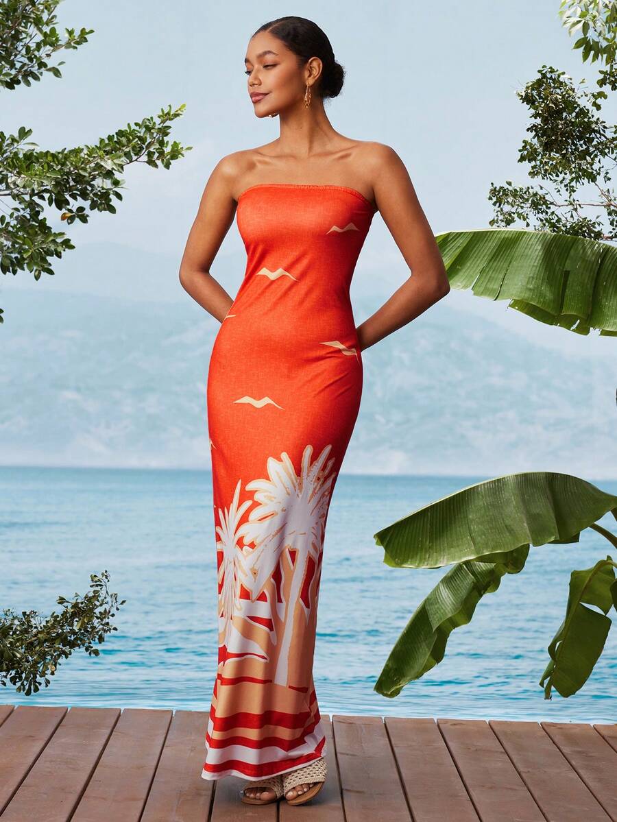 Travachic Vestido Bandeau Multicolorido Impresso para Mulheres, Férias