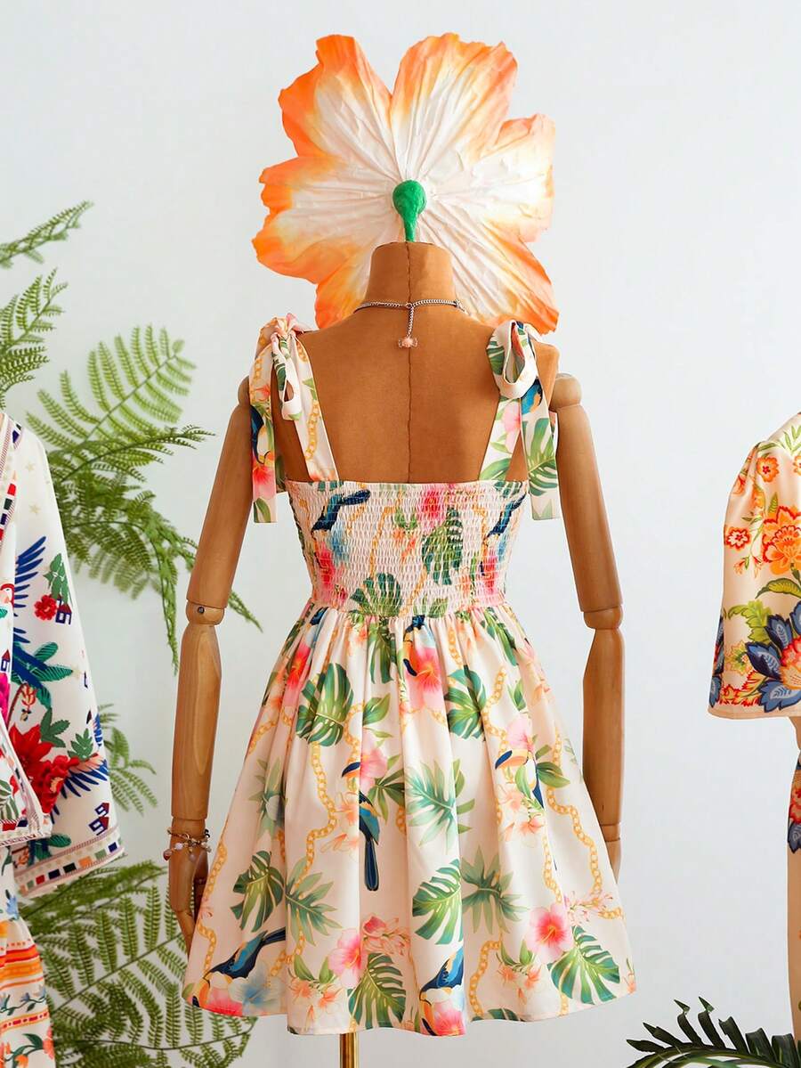Travachic Vestido de Verão com Estampa Floral, Decote Quadrado, Sem Mangas, Cintura Marcada e Amarração na Frente, para Férias, Looks de Praia e Verão para Mulheres
