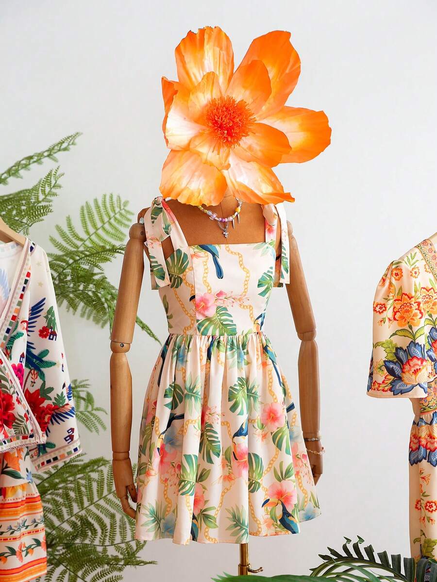 Travachic Vestido de Verão com Estampa Floral, Decote Quadrado, Sem Mangas, Cintura Marcada e Amarração na Frente, para Férias, Looks de Praia e Verão para Mulheres