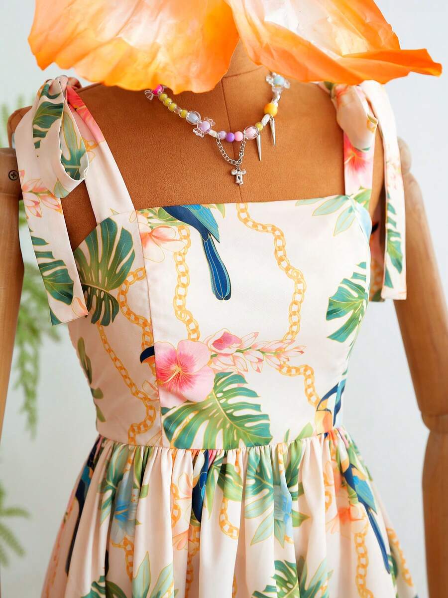 Travachic Vestido de Verão com Estampa Floral, Decote Quadrado, Sem Mangas, Cintura Marcada e Amarração na Frente, para Férias, Looks de Praia e Verão para Mulheres