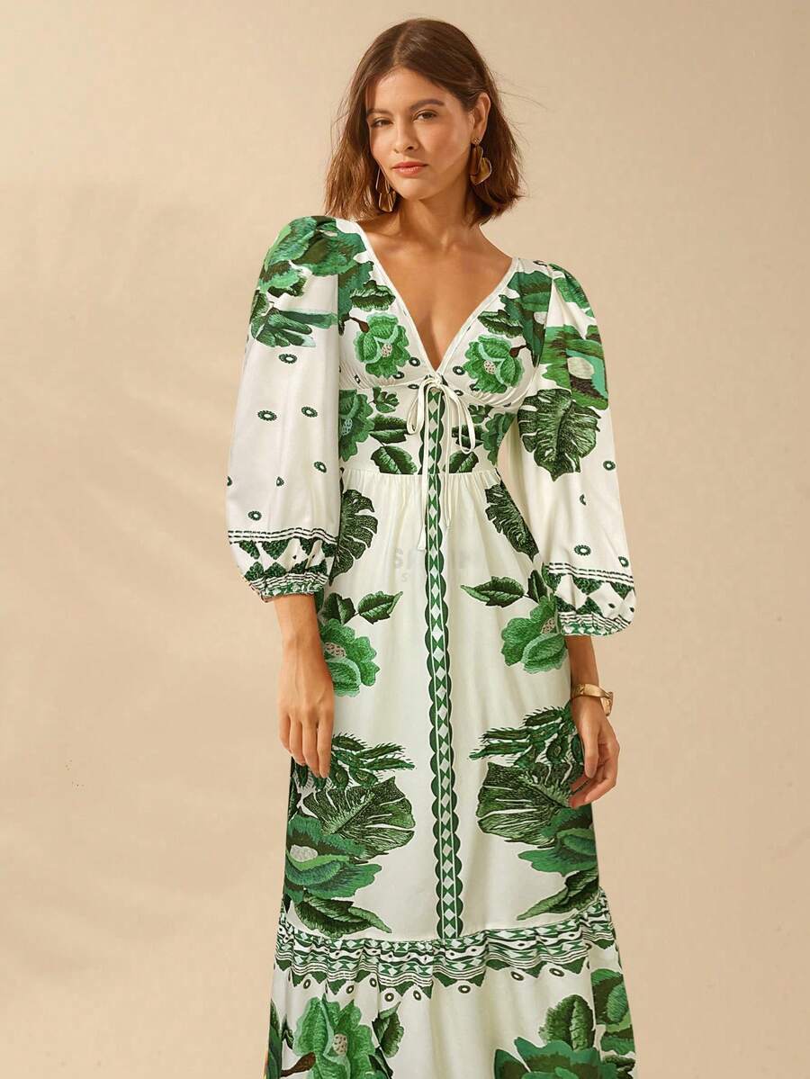 CAJUNI Vestido de Férias Feminino Boêmio com Estampa Floral, Gola em V, Manga Longa, Costas Vazadas, Cintura A-line