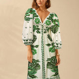 CAJUNI Vestido de Férias Feminino Boêmio com Estampa Floral, Gola em V, Manga Longa, Costas Vazadas, Cintura A-line
