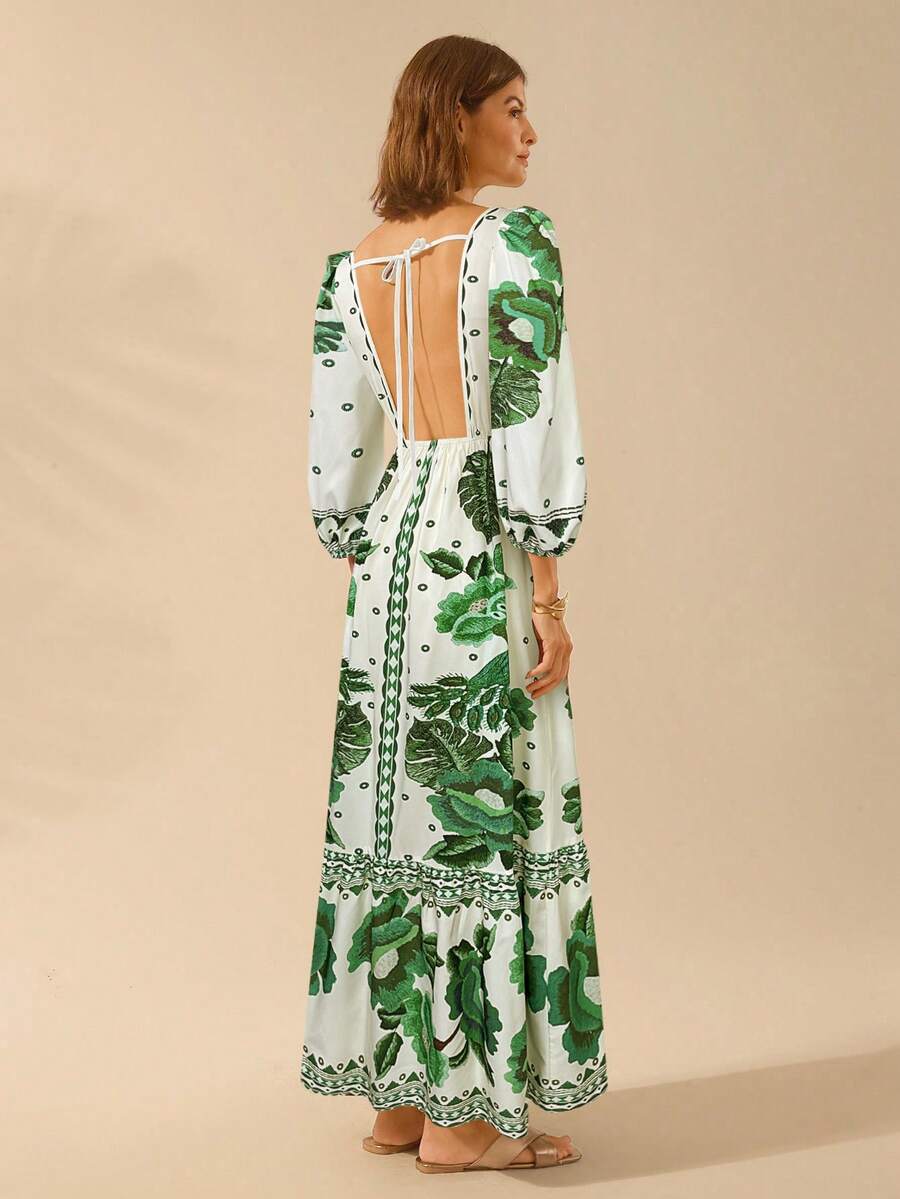 CAJUNI Vestido de Férias Feminino Boêmio com Estampa Floral, Gola em V, Manga Longa, Costas Vazadas, Cintura A-line