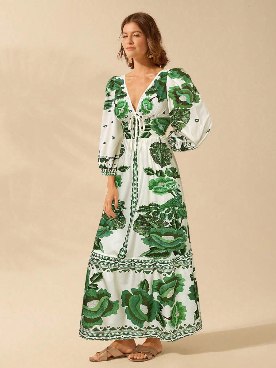 CAJUNI Vestido de Férias Feminino Boêmio com Estampa Floral, Gola em V, Manga Longa, Costas Vazadas, Cintura A-line