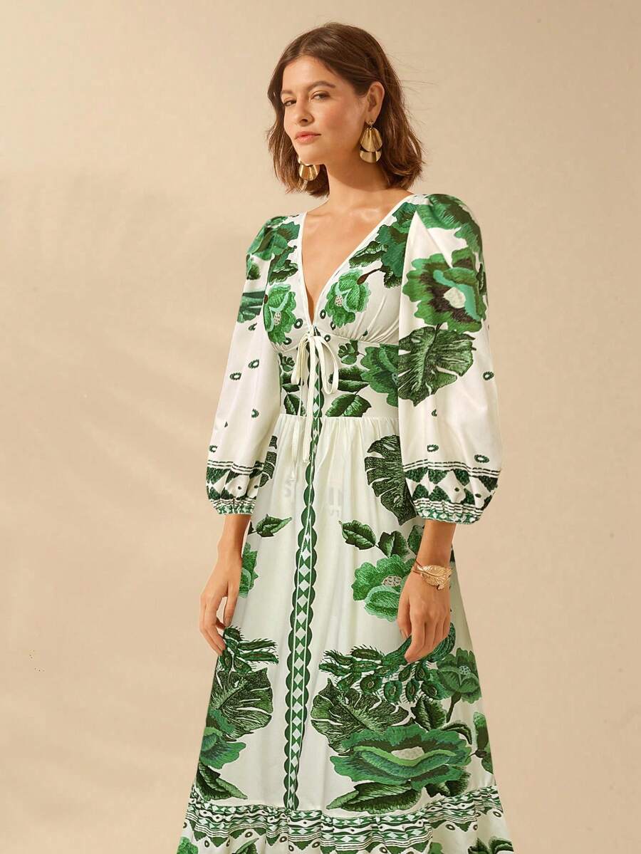 CAJUNI Vestido de Férias Feminino Boêmio com Estampa Floral, Gola em V, Manga Longa, Costas Vazadas, Cintura A-line