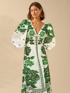 CAJUNI Vestido de Férias Feminino Boêmio com Estampa Floral, Gola em V, Manga Longa, Costas Vazadas, Cintura A-line