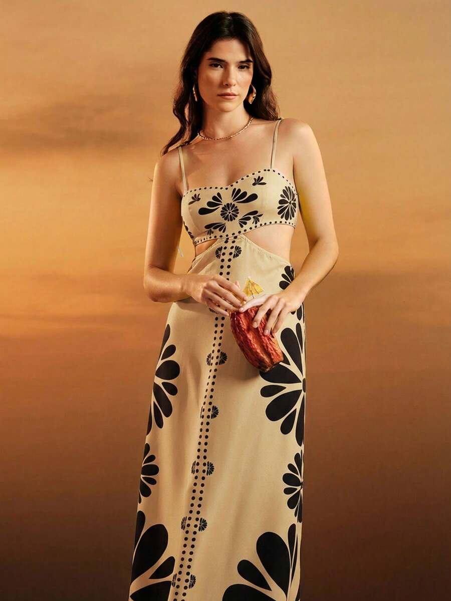 CAJUNI Vestido Estampado Tropical Laranja com Amarração na Cintura, Estilo Boêmio Feminino, Vestido de Praia Casual Solto para o Verão