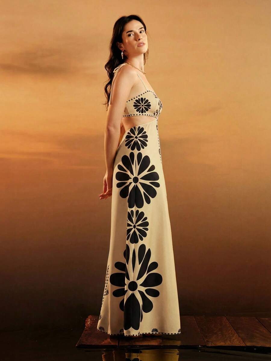 CAJUNI Vestido Estampado Tropical Laranja com Amarração na Cintura, Estilo Boêmio Feminino, Vestido de Praia Casual Solto para o Verão