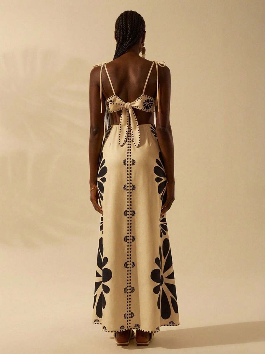 CAJUNI Vestido Estampado Tropical Laranja com Amarração na Cintura, Estilo Boêmio Feminino, Vestido de Praia Casual Solto para o Verão