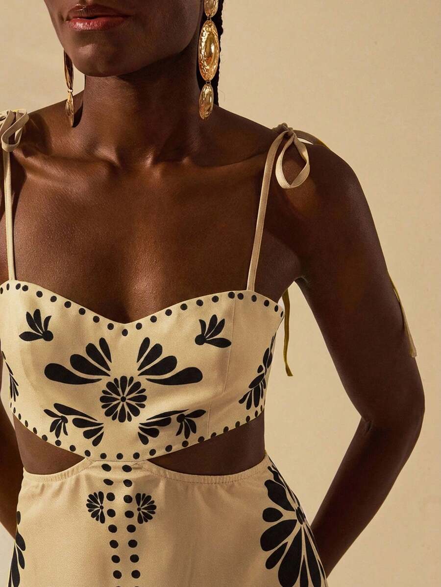 CAJUNI Vestido Estampado Tropical Laranja com Amarração na Cintura, Estilo Boêmio Feminino, Vestido de Praia Casual Solto para o Verão