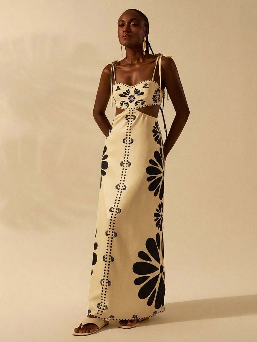 CAJUNI Vestido Estampado Tropical Laranja com Amarração na Cintura, Estilo Boêmio Feminino, Vestido de Praia Casual Solto para o Verão