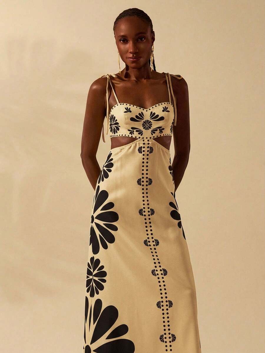 CAJUNI Vestido Estampado Tropical Laranja com Amarração na Cintura, Estilo Boêmio Feminino, Vestido de Praia Casual Solto para o Verão