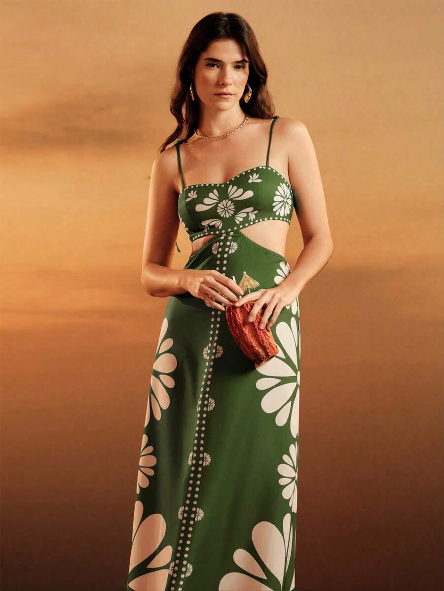 CAJUNI Vestido Estampado Tropical Laranja com Amarração na Cintura, Estilo Boêmio Feminino, Vestido de Praia Casual Solto para o Verão