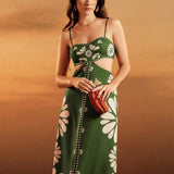 CAJUNI Vestido Estampado Tropical Laranja com Amarração na Cintura, Estilo Boêmio Feminino, Vestido de Praia Casual Solto para o Verão