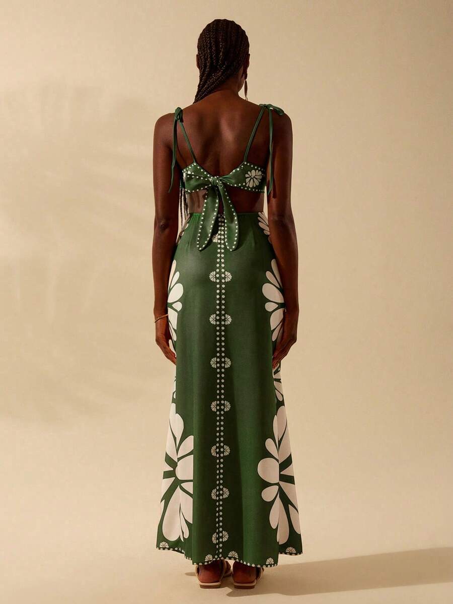 CAJUNI Vestido Estampado Tropical Laranja com Amarração na Cintura, Estilo Boêmio Feminino, Vestido de Praia Casual Solto para o Verão