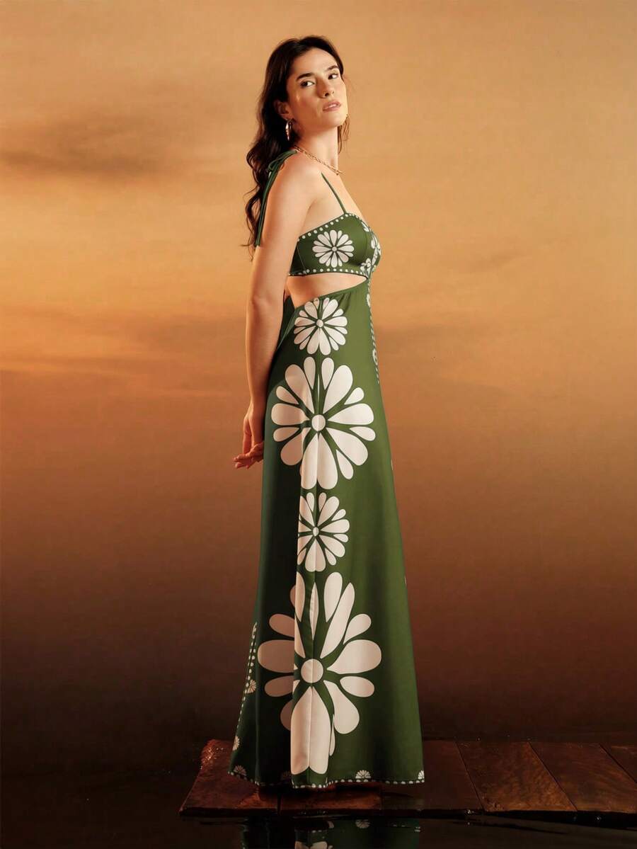 CAJUNI Vestido Estampado Tropical Laranja com Amarração na Cintura, Estilo Boêmio Feminino, Vestido de Praia Casual Solto para o Verão