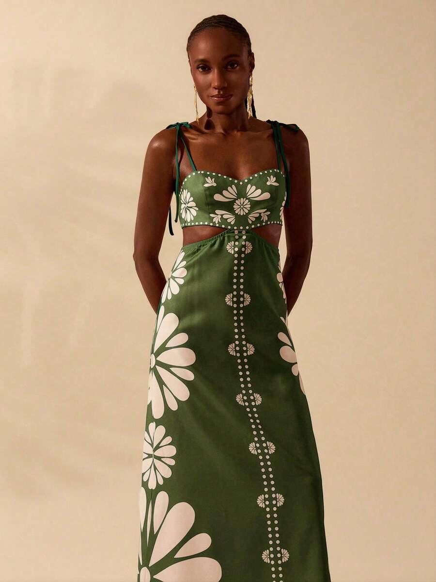 CAJUNI Vestido Estampado Tropical Laranja com Amarração na Cintura, Estilo Boêmio Feminino, Vestido de Praia Casual Solto para o Verão