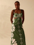 CAJUNI Vestido Estampado Tropical Laranja com Amarração na Cintura, Estilo Boêmio Feminino, Vestido de Praia Casual Solto para o Verão