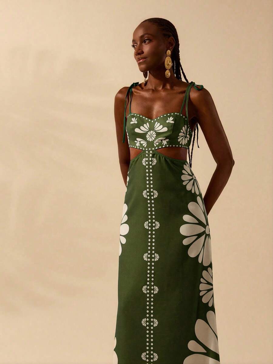 CAJUNI Vestido Estampado Tropical Laranja com Amarração na Cintura, Estilo Boêmio Feminino, Vestido de Praia Casual Solto para o Verão