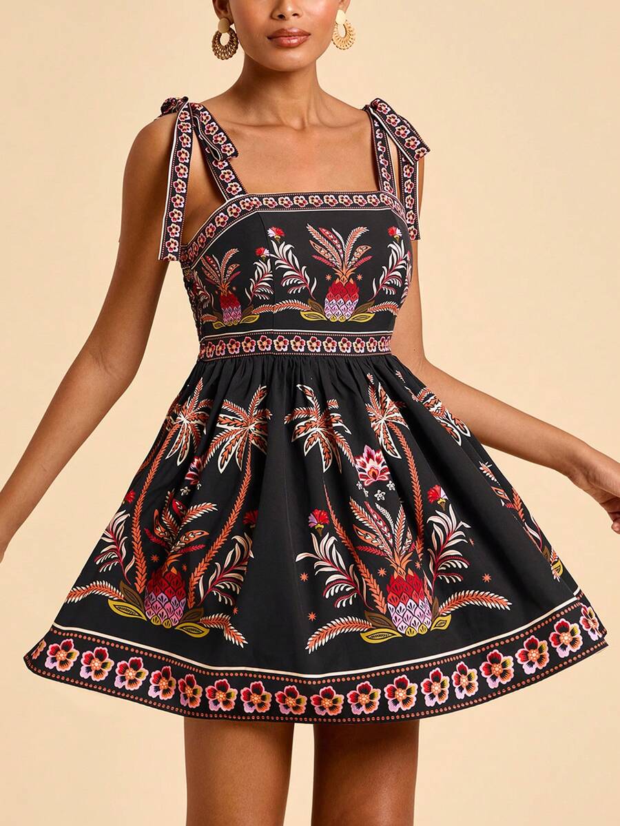 Travachic Vestido de Verão com Estampa Floral, Decote Quadrado, Sem Mangas, Cintura Marcada e Amarração na Frente, para Férias, Looks de Praia e Verão para Mulheres