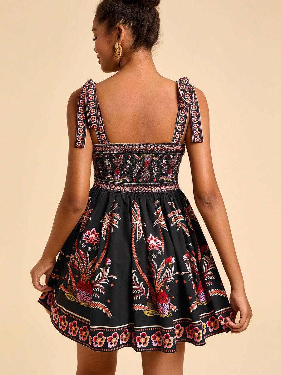 Travachic Vestido de Verão com Estampa Floral, Decote Quadrado, Sem Mangas, Cintura Marcada e Amarração na Frente, para Férias, Looks de Praia e Verão para Mulheres