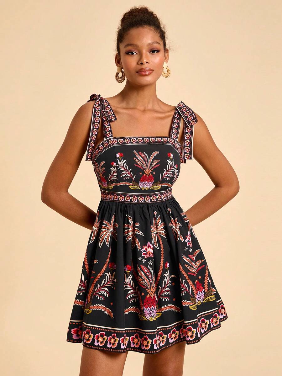Travachic Vestido de Verão com Estampa Floral, Decote Quadrado, Sem Mangas, Cintura Marcada e Amarração na Frente, para Férias, Looks de Praia e Verão para Mulheres